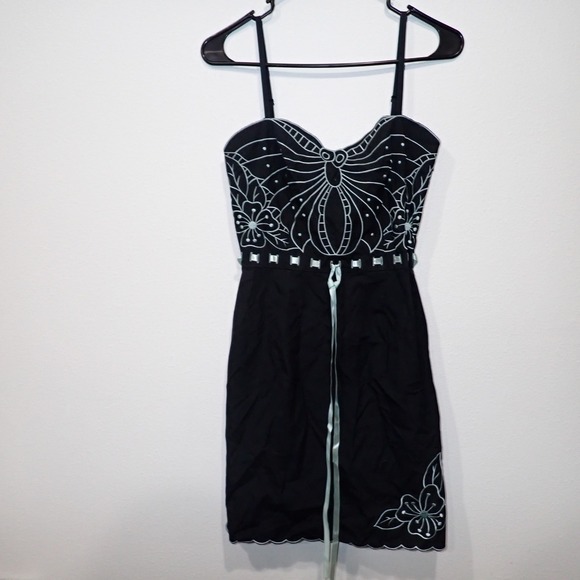 Betsey Johnson Dresses & Skirts - Betsey Johnson Black Butterfly Embroidered Mini Dress Blue Floral Size 2 NEW